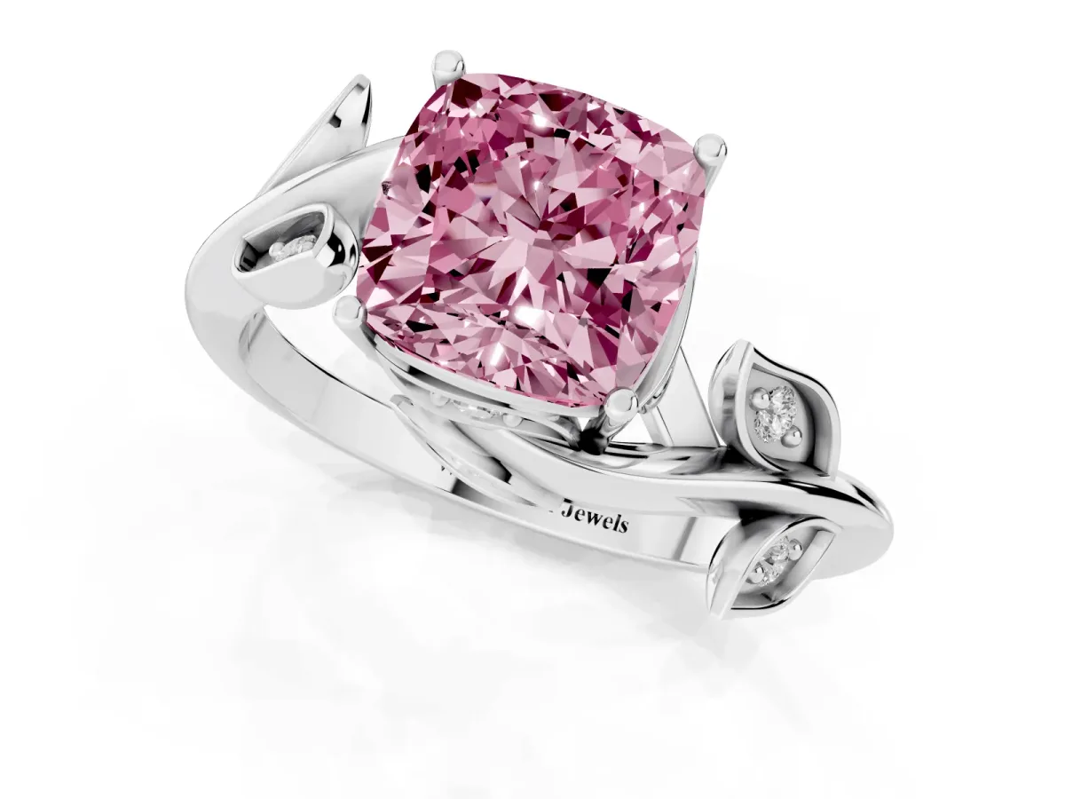 Fancy Pink Cushion Cut Solitaire Twist Engagement Ring with Leaf Accents and Prong Setting Platinum