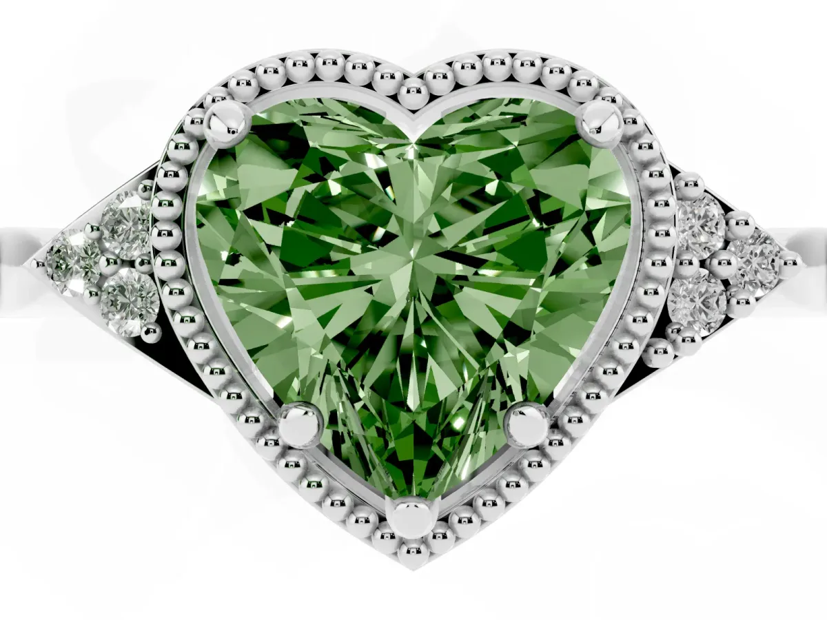 Fancy Green Heart Cut Diamond Halo Ring with Tapered Band and Four-Prong Setting Platinum