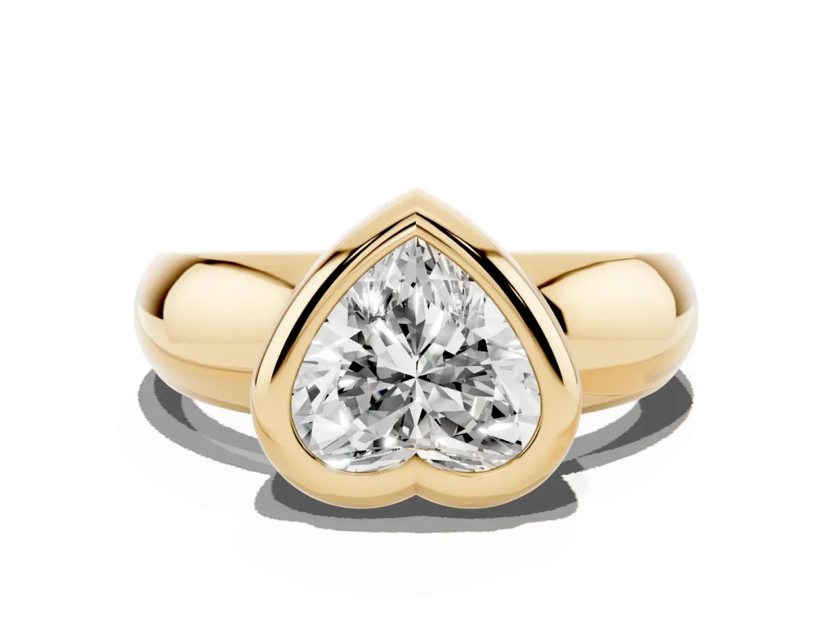 Bezel Set Heart Cut Solitaire Ring with Wide Band Yellow gold