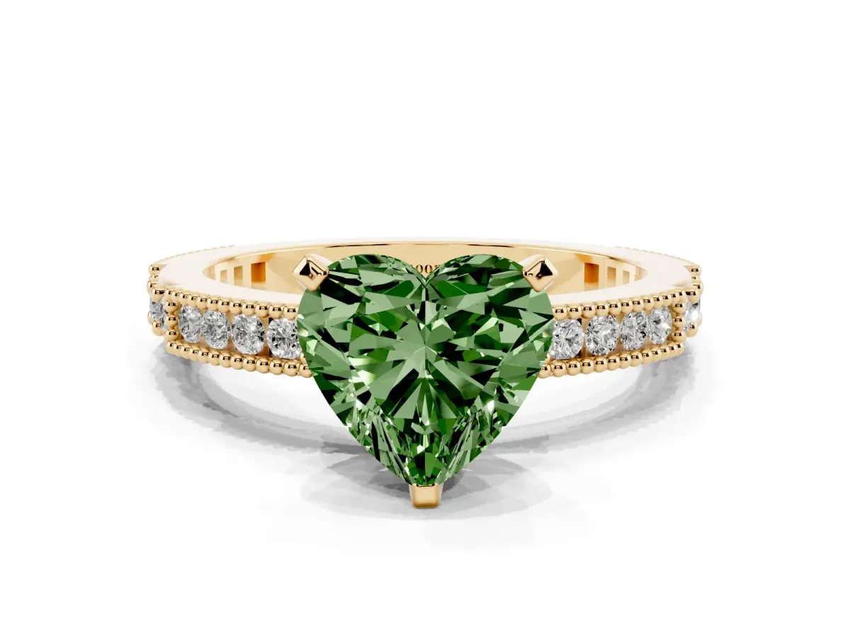 Fancy Green Heart Cut Solitaire with Pavé Band and Four-Prong Setting Yellow gold