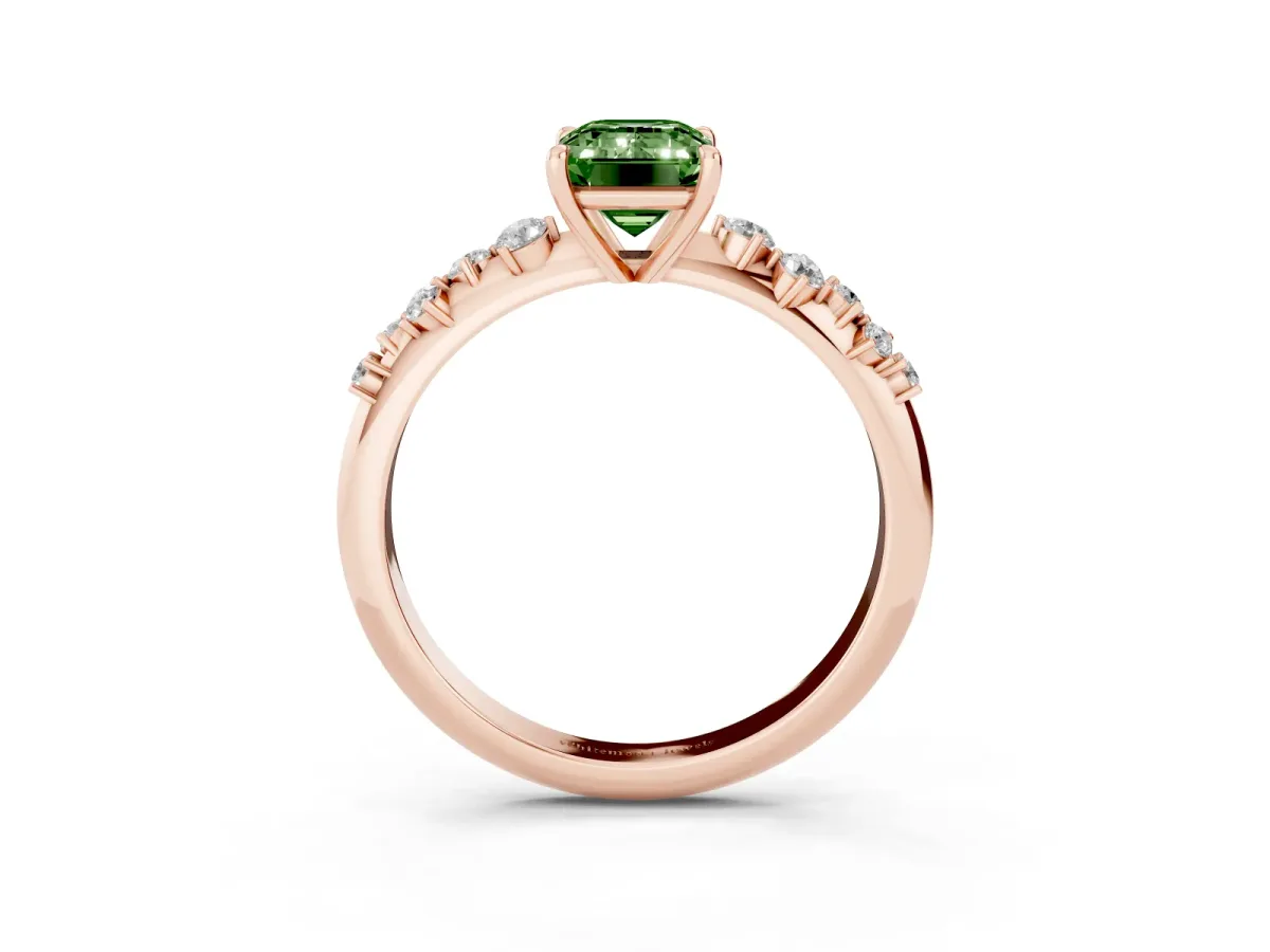 Fancy Green Emerald Cut Diamond Cluster Side Stone Solitaire Ring with Prong Setting Rose gold