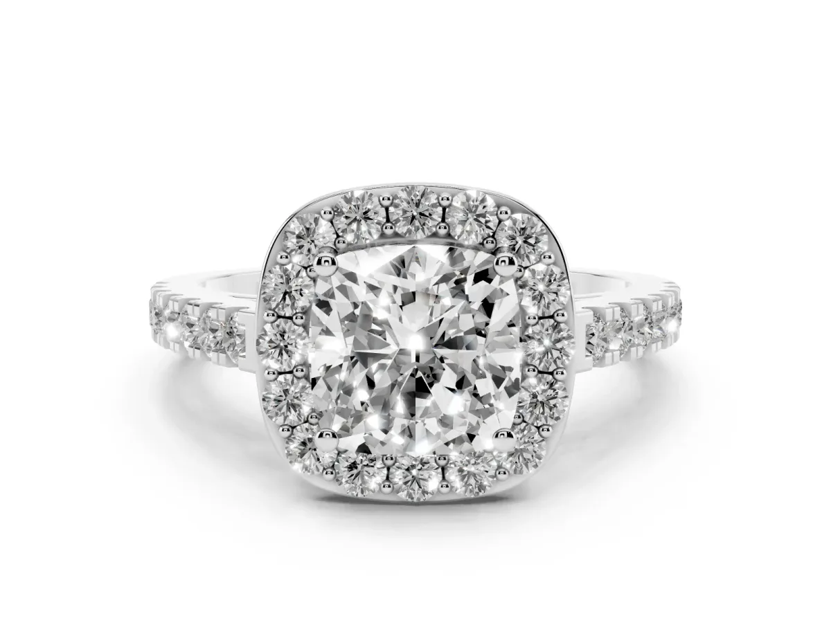 Cushion Cut Diamond Halo Ring with Round Pavé Split Shank and Prong Setting Silver