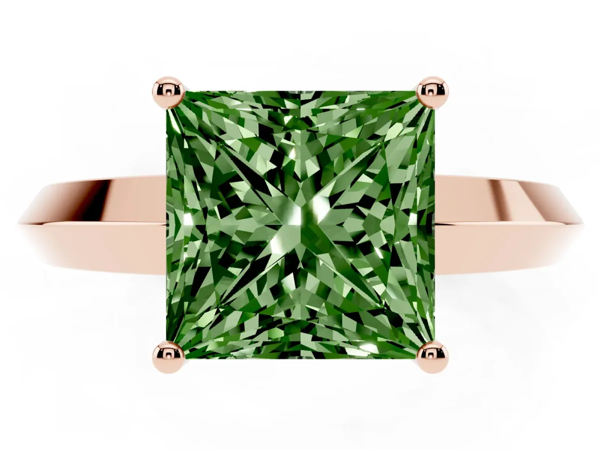 Fancy Green Princess Cut Cut Solitaire Engagement Ring with Flat Band and Four-Prong Setting Rose gold