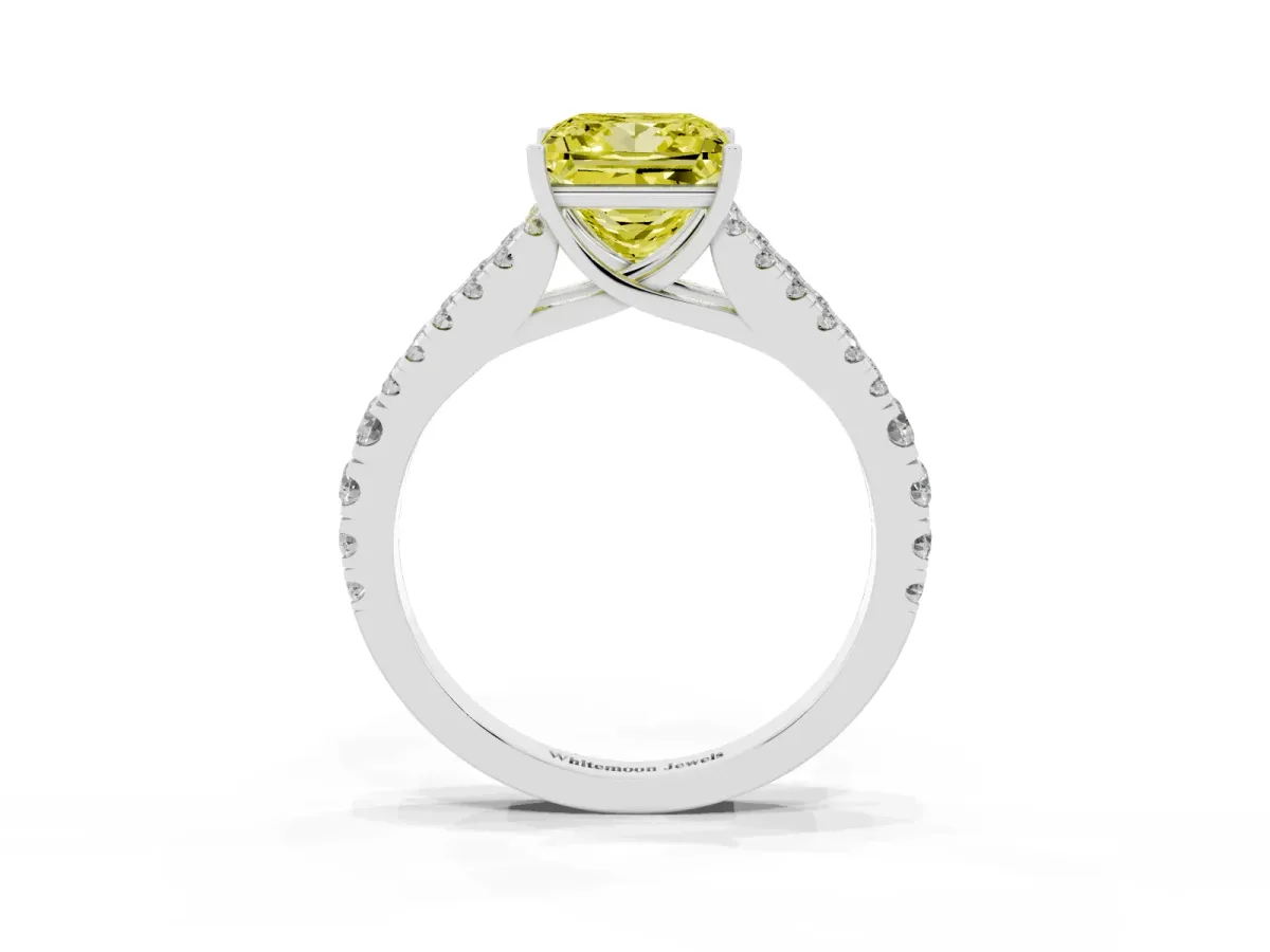 Fancy Yellow Princess Cut Diamond Split Shank Pavé Engagement Ring with Four-Prong Setting Platinum