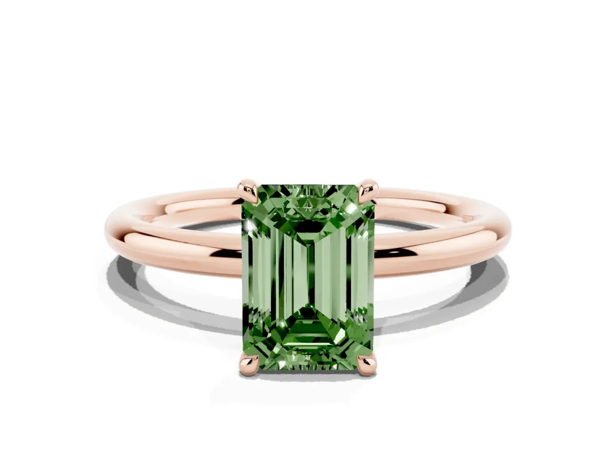 Fancy Green Emerald Cut Diamond Solitaire Ring with Thin Band and Four-Prong Setting Rose gold