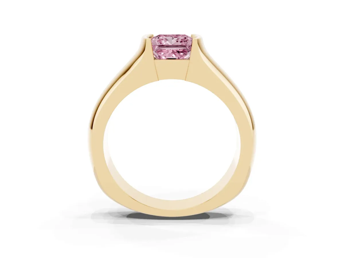 Fancy Pink Princess Cut Solitaire Bezel Set Diamond Ring with Wide Band Yellow gold