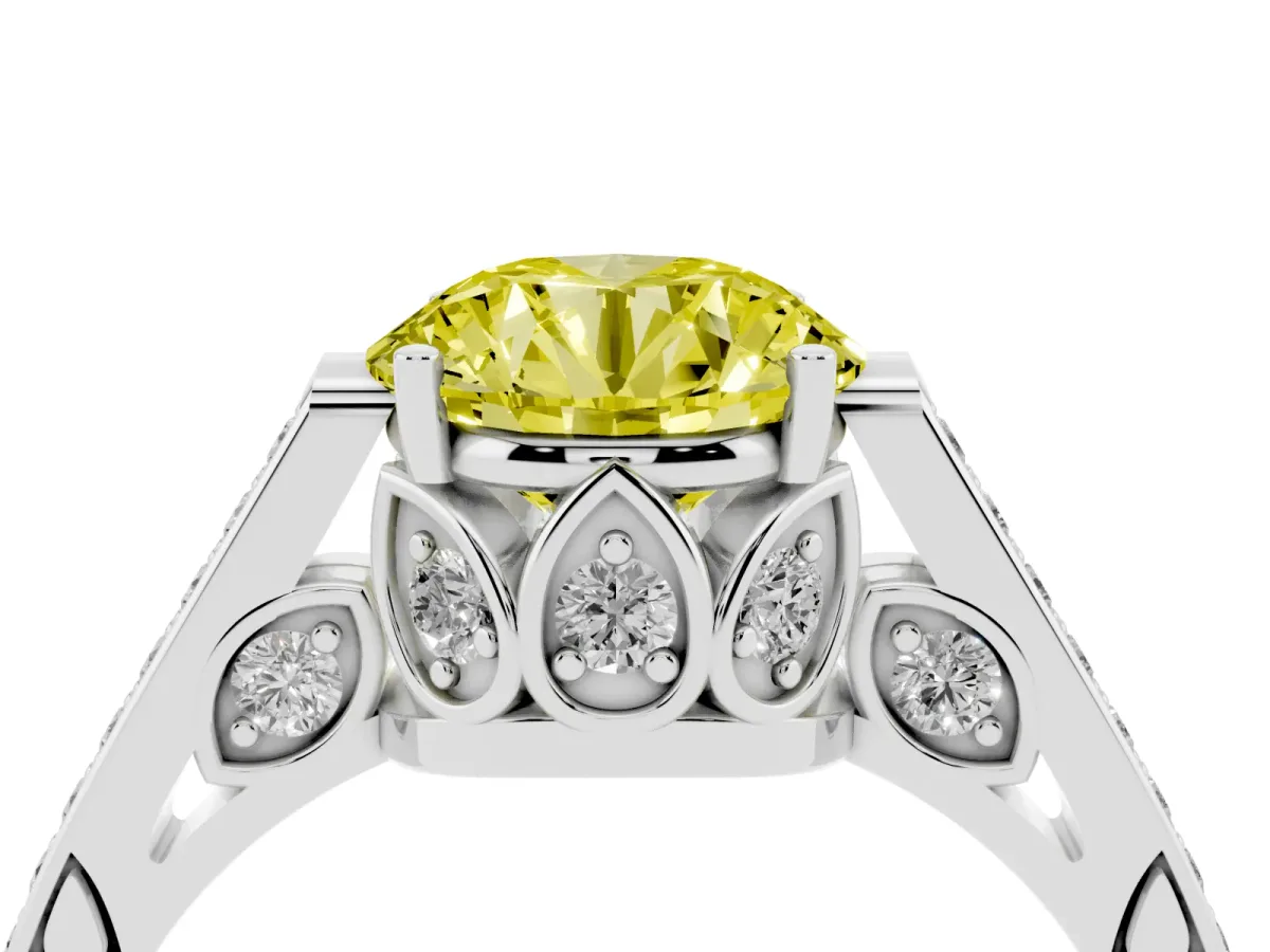 Fancy Yellow Round Cut Cut Cathedral Pave Diamond Engagement Ring with Six-Prong Setting Silver