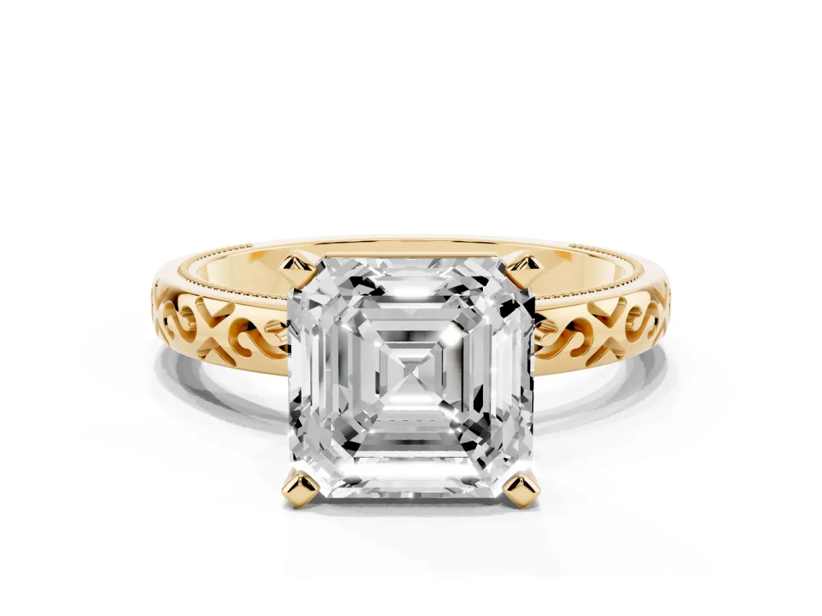 Asscher Cut Solitaire Engagement Ring with Scrollwork Band and Four-Prong Setting Yellow gold