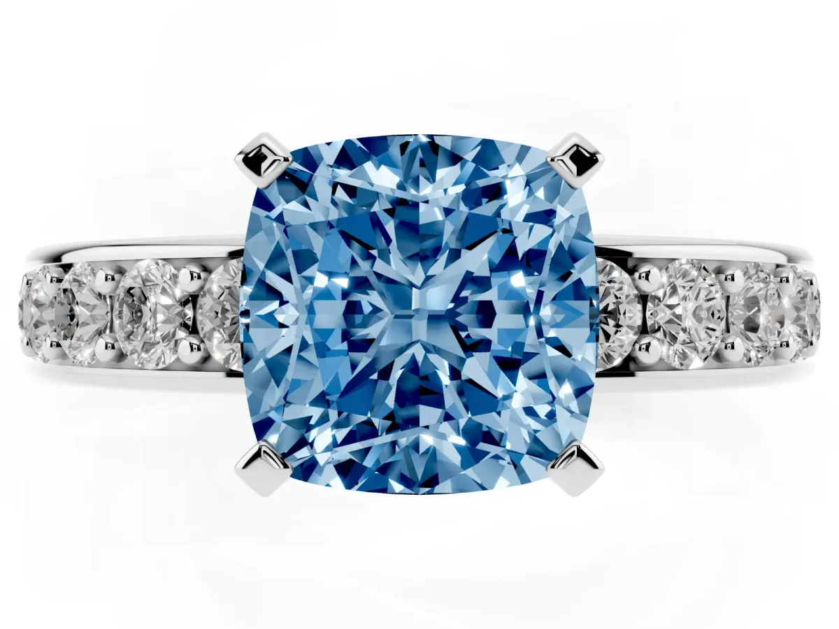 Fancy Blue Cushion Cut Diamond Engagement Ring with Channel Set Round Band and Prong Setting Silver