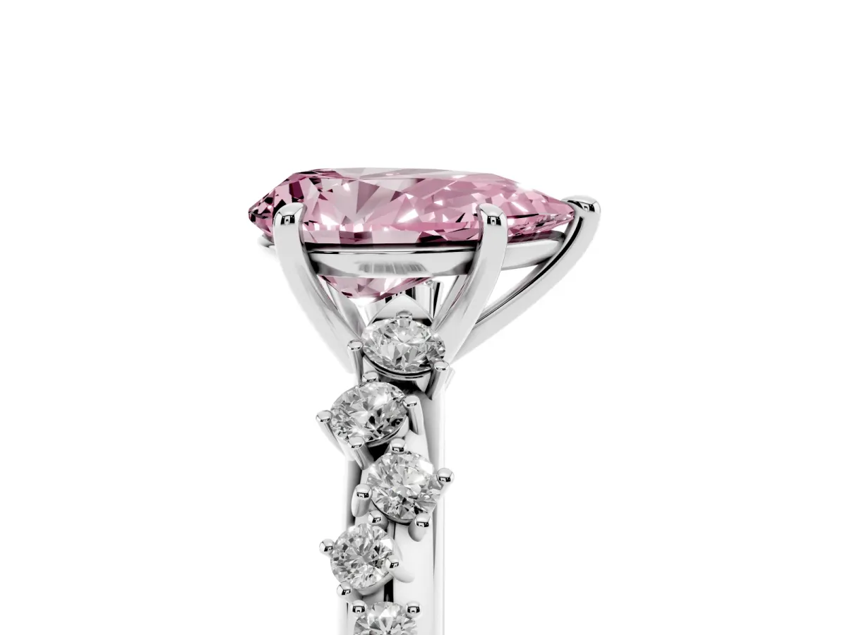 Fancy Pink Pear Cut Diamond Cluster Side Stone Solitaire Ring with Prong Setting Silver