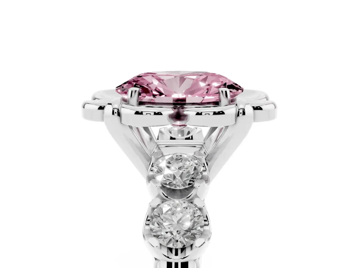 Fancy Pink Oval Cut Cut Diamond Floral Halo Engagement Ring with Shared Prong Setting Silver
