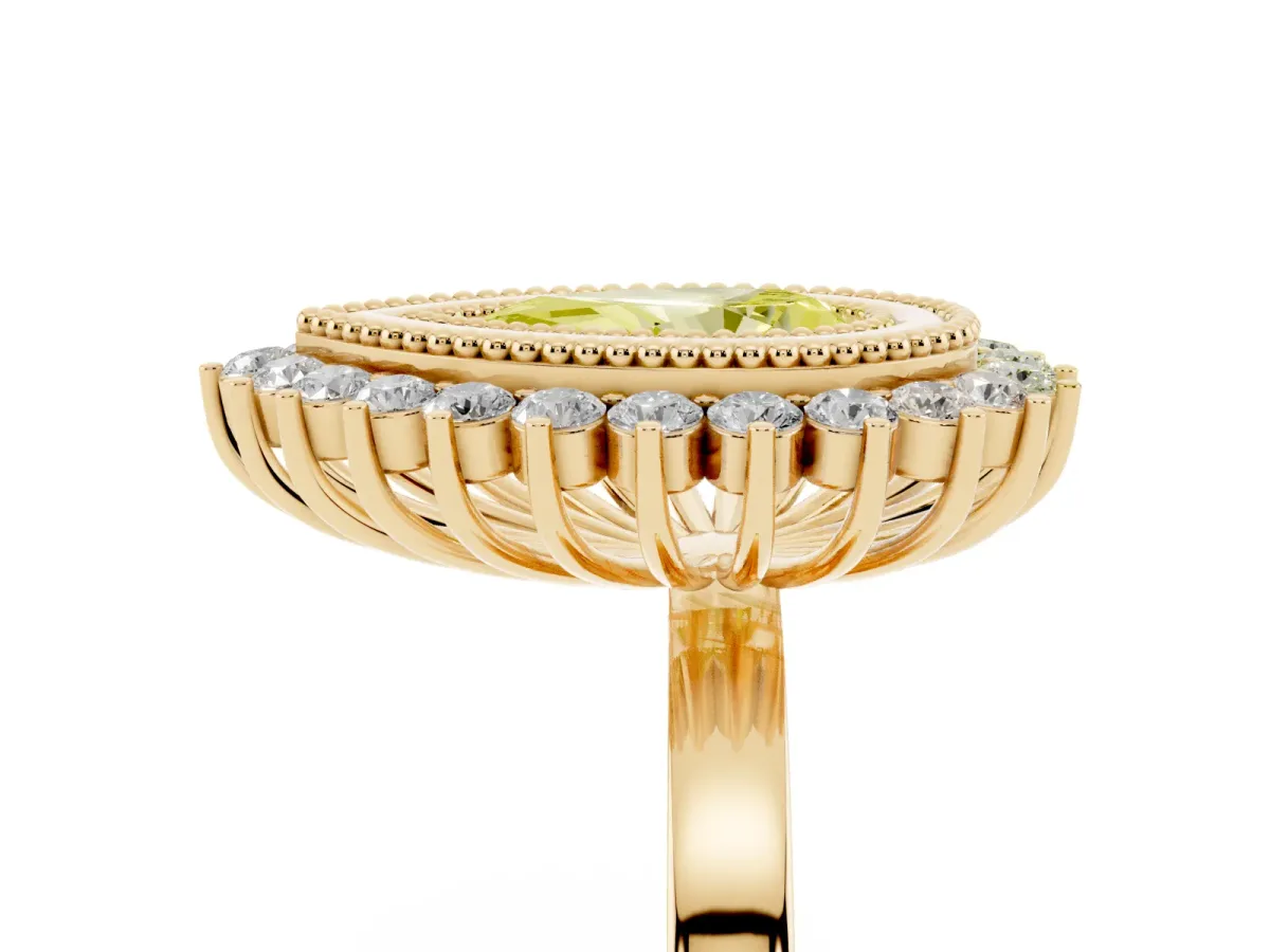 Fancy Yellow Pear Cut Halo Diamond Ring with Milgrain Edge and Round Prong Setting Yellow gold