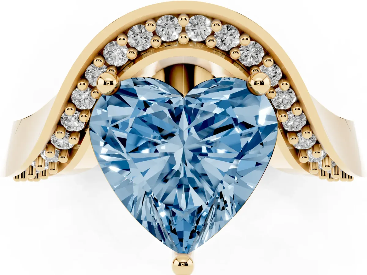Fancy Blue Heart Cut Solitaire Diamond Engagement Ring with Pave Band and Four-Prong Setting Yellow gold
