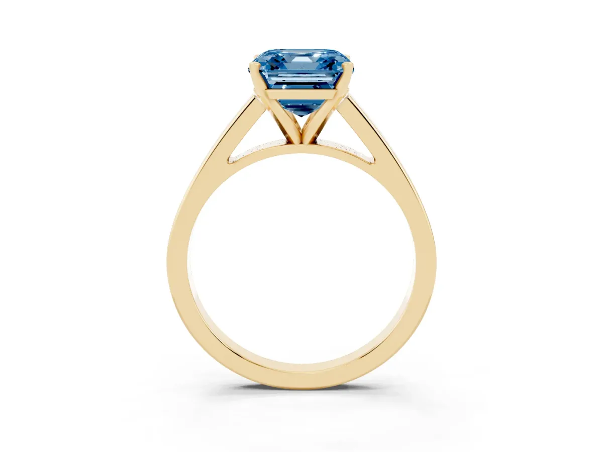 Fancy Blue Asscher Cut Solitaire Engagement Ring with Four-Prong Setting and Tapered Band Yellow gold