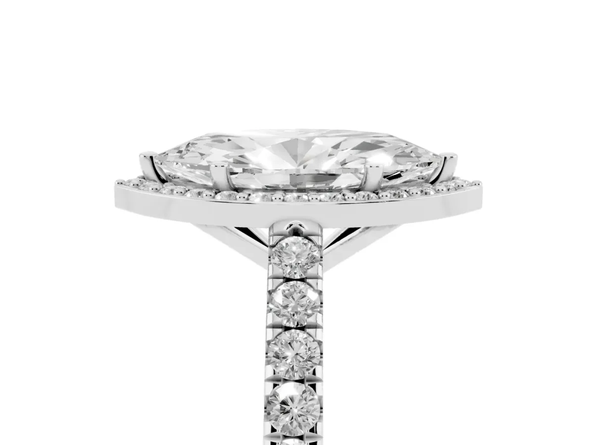 Marquise Cut Cut Halo Diamond Engagement Ring with Pave Band and Four-Prong Setting Silver