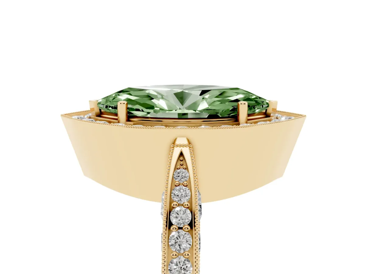 Fancy Green Marquise Cut Halo Diamond Engagement Ring with Split Shank Band and Four-Prong Setting Yellow gold