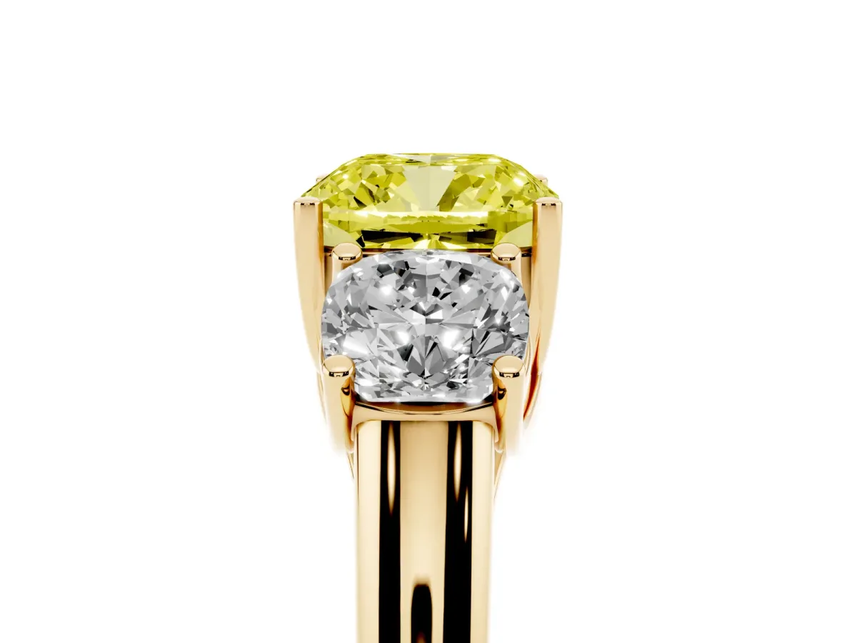 Fancy Yellow Three-Stone Cushion Cut Diamond Engagement Ring with Prong Setting Yellow gold