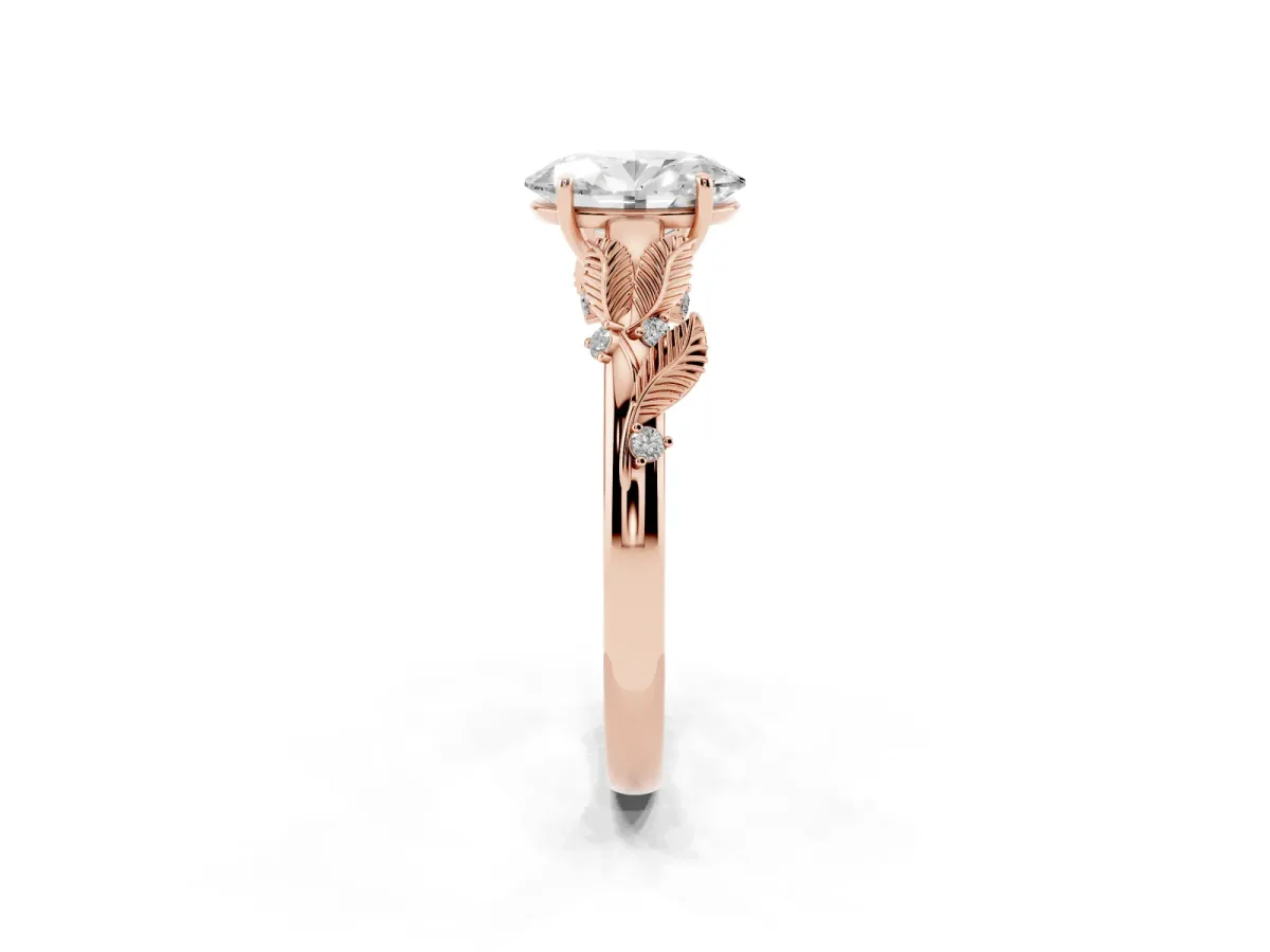 Oval Cut Diamond Solitaire Ring with Leaf Motif Band and Four-Prong Setting Rose gold