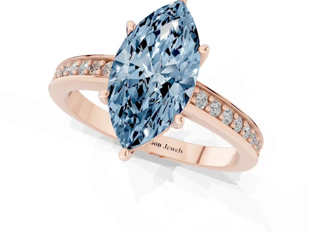 Fancy Blue Marquise Cut Solitaire Pavé Band Prong Setting Ring Rose gold