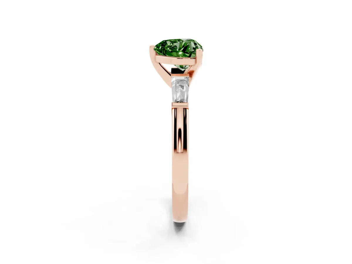 Fancy Green Heart Cut Solitaire with Tapered Baguette Side Stones on a Classic Band with Four-Prong Setting Rose gold