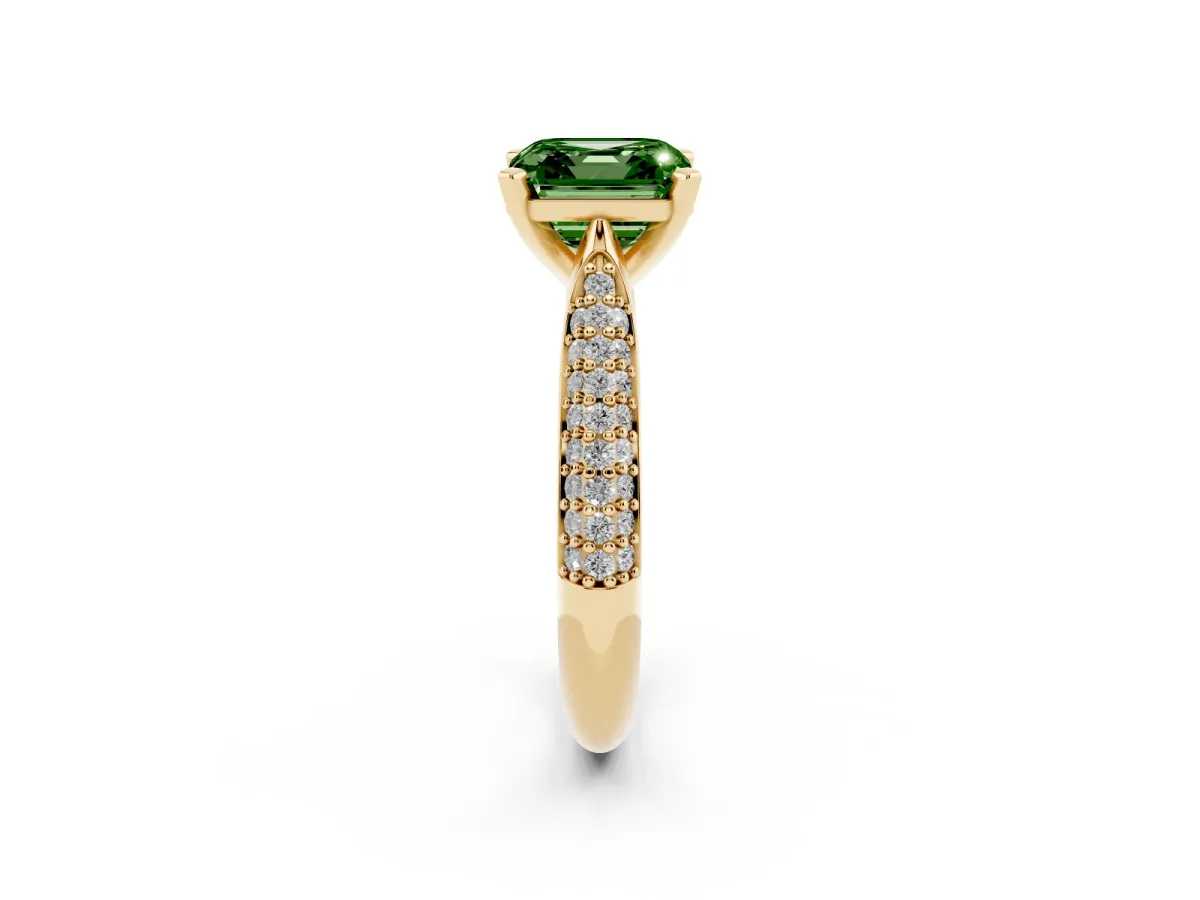 Fancy Green Asscher Cut Diamond Solitaire Engagement Ring with Multi-Row Round Pavé Band and Prong Setting Yellow gold