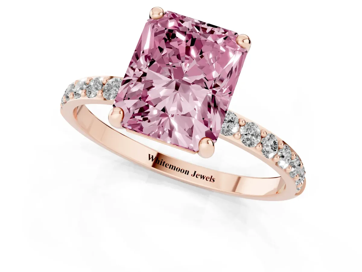 Fancy Pink Radiant Cut Diamond Solitaire Ring with Round Pavé Band and Prong Setting Rose gold