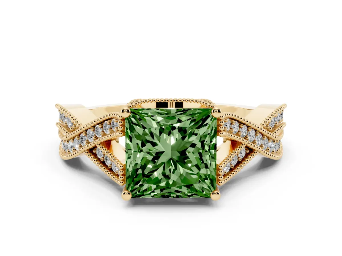 Fancy Green Princess Cut Cut Diamond Twisted Band with Milgrain Pave Setting and Four-Prong Setting Yellow gold