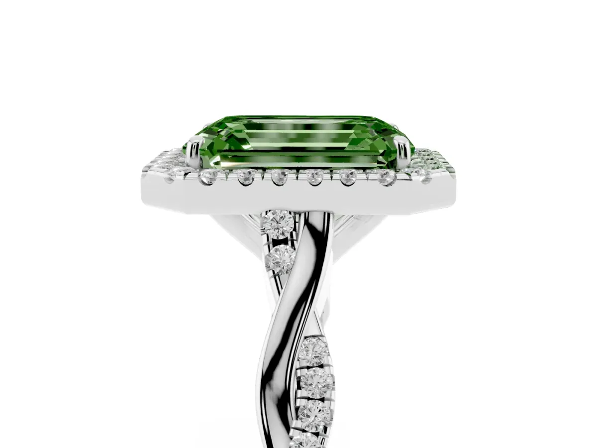 Fancy Green Emerald Cut Halo Twist Band Solitaire Ring Silver