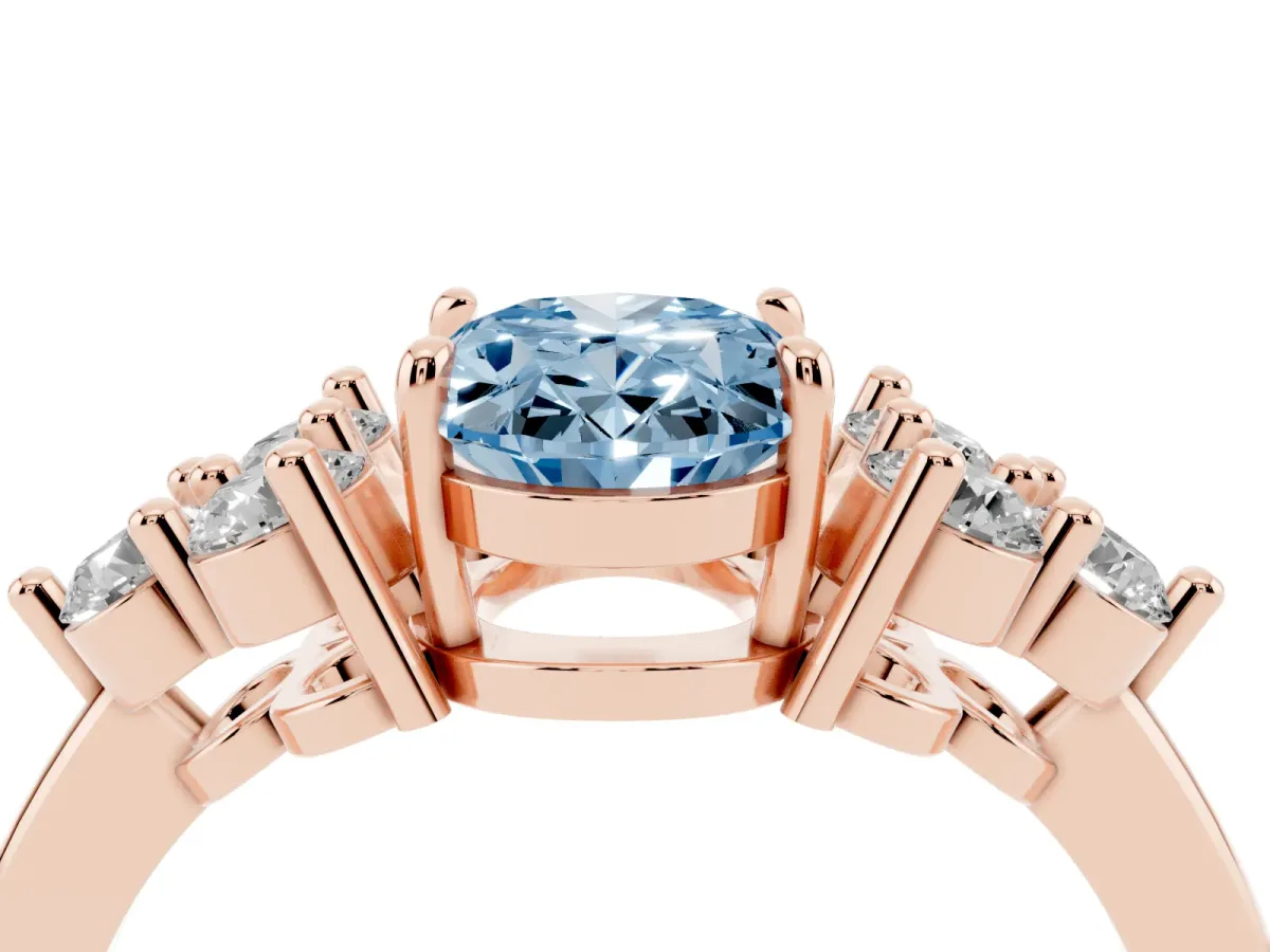 Fancy Blue Oval Cut Brilliant Diamond Cluster Accent Solitaire Ring with Prong Setting Rose gold
