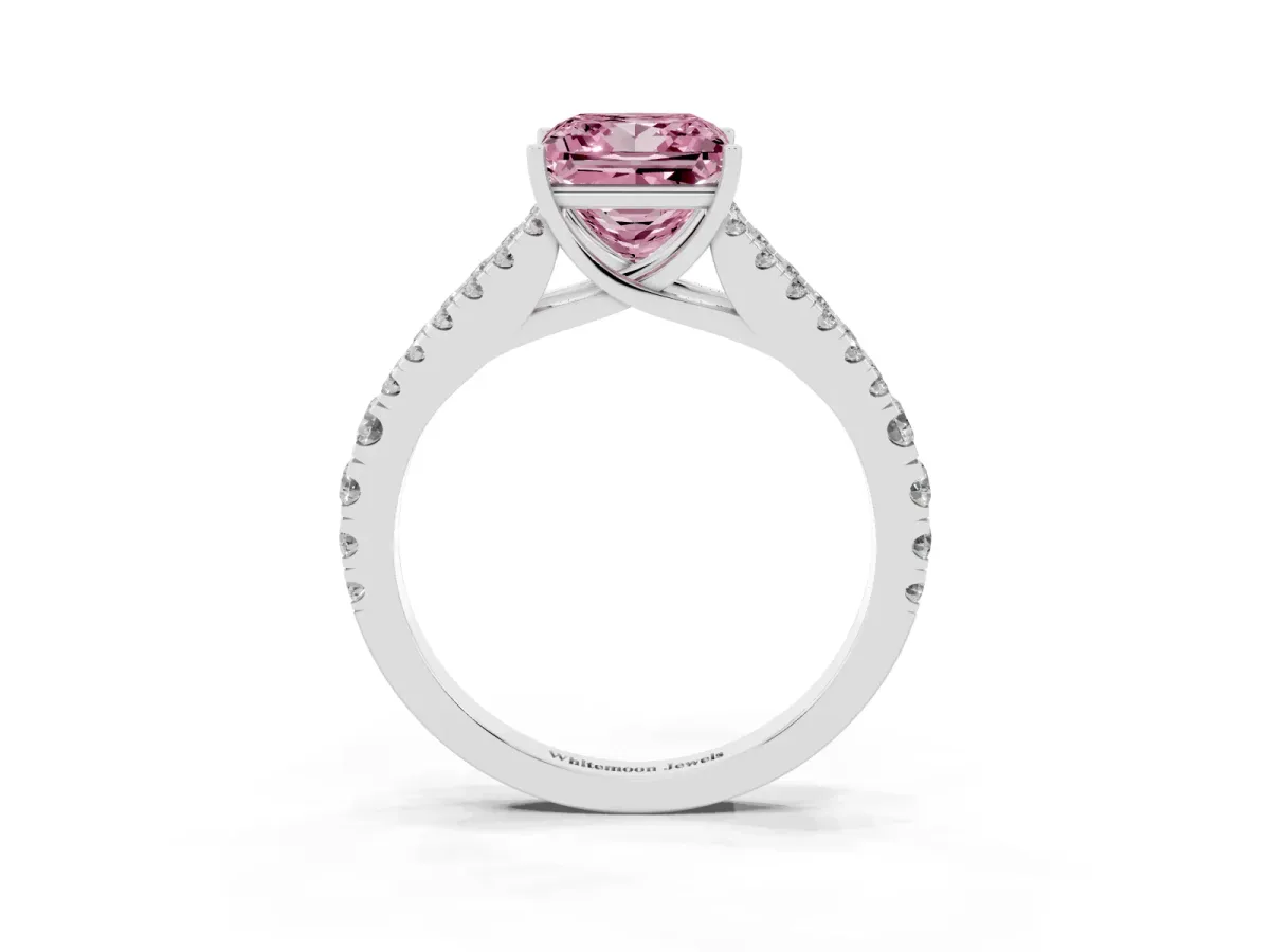 Fancy Pink Princess Cut Diamond Split Shank Pavé Engagement Ring with Four-Prong Setting Silver