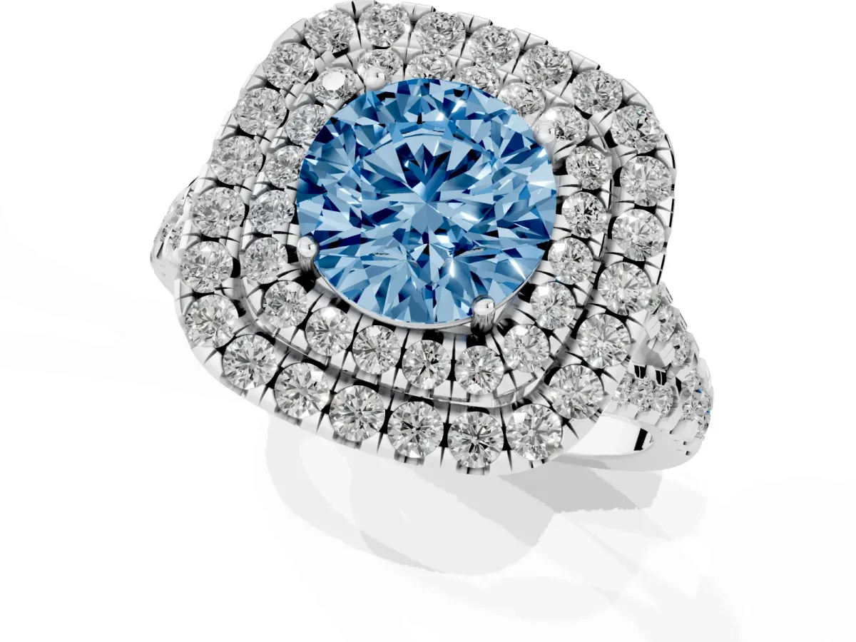 Fancy Blue Double Halo Round Cut Diamond Pavé Split Shank Ring with Prong Setting White gold