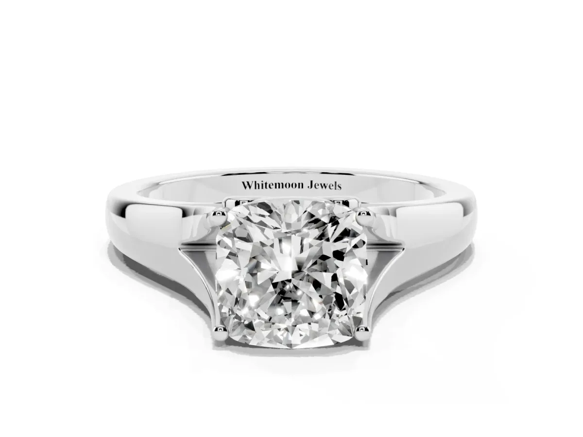 Cushion Cut Solitaire Diamond Ring with Cathedral Band and Four-Prong Setting Silver