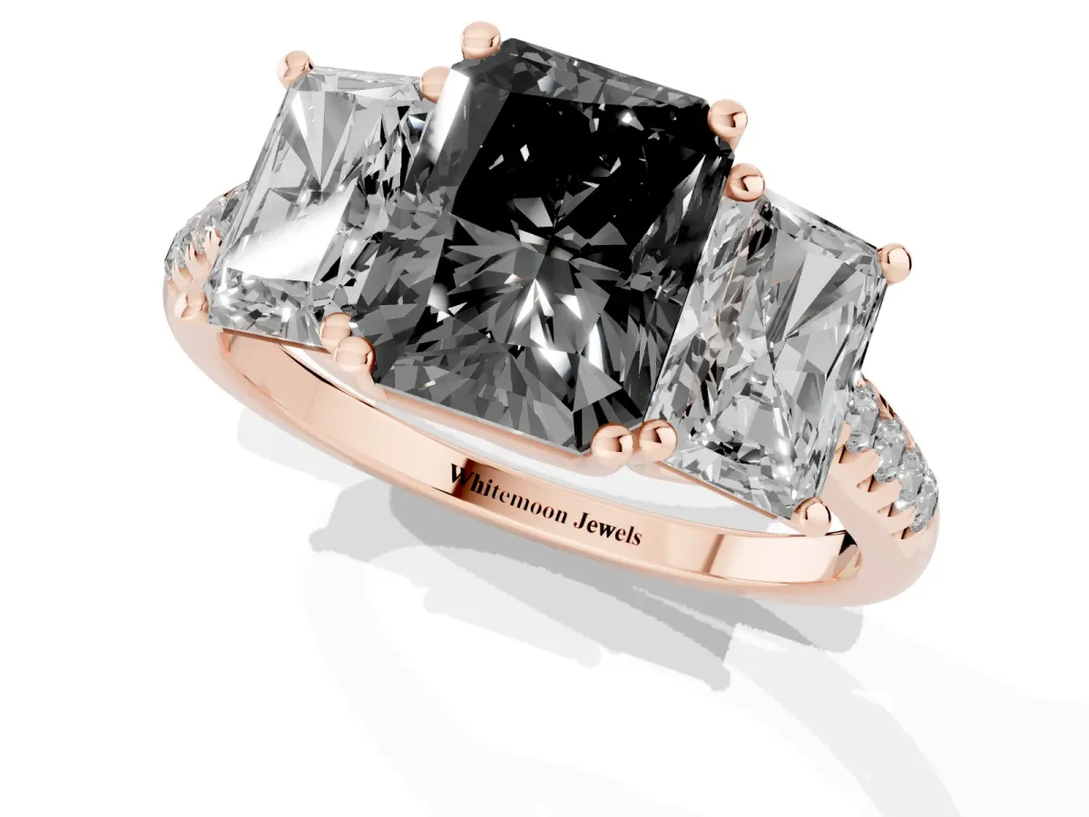 Fancy Black Three-Stone Radiant Cut Diamond Ring with Round Pavé Band and Prong Setting Rose gold