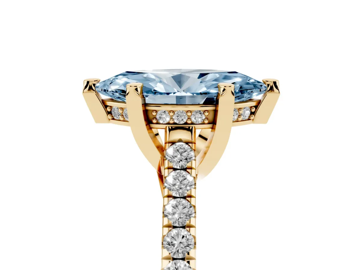 Fancy Blue Marquise Cut Brilliant Diamond Solitaire with Pavé Band and Four-Prong Setting Yellow gold