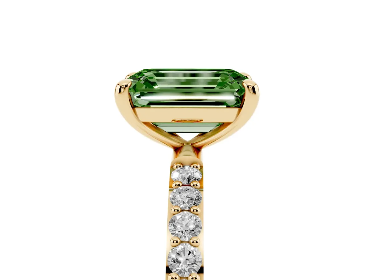 Fancy Green Emerald Cut Diamond Solitaire Ring with Round Pavé Band and Prong Setting Yellow gold