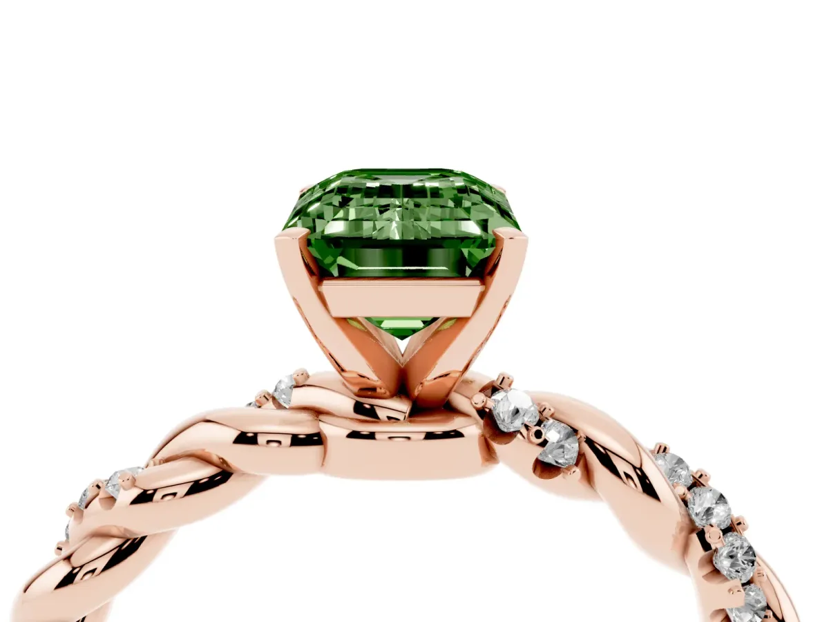Fancy Green Emerald Cut Diamond Solitaire Ring with Twisted Band and Pavé Accents Rose gold