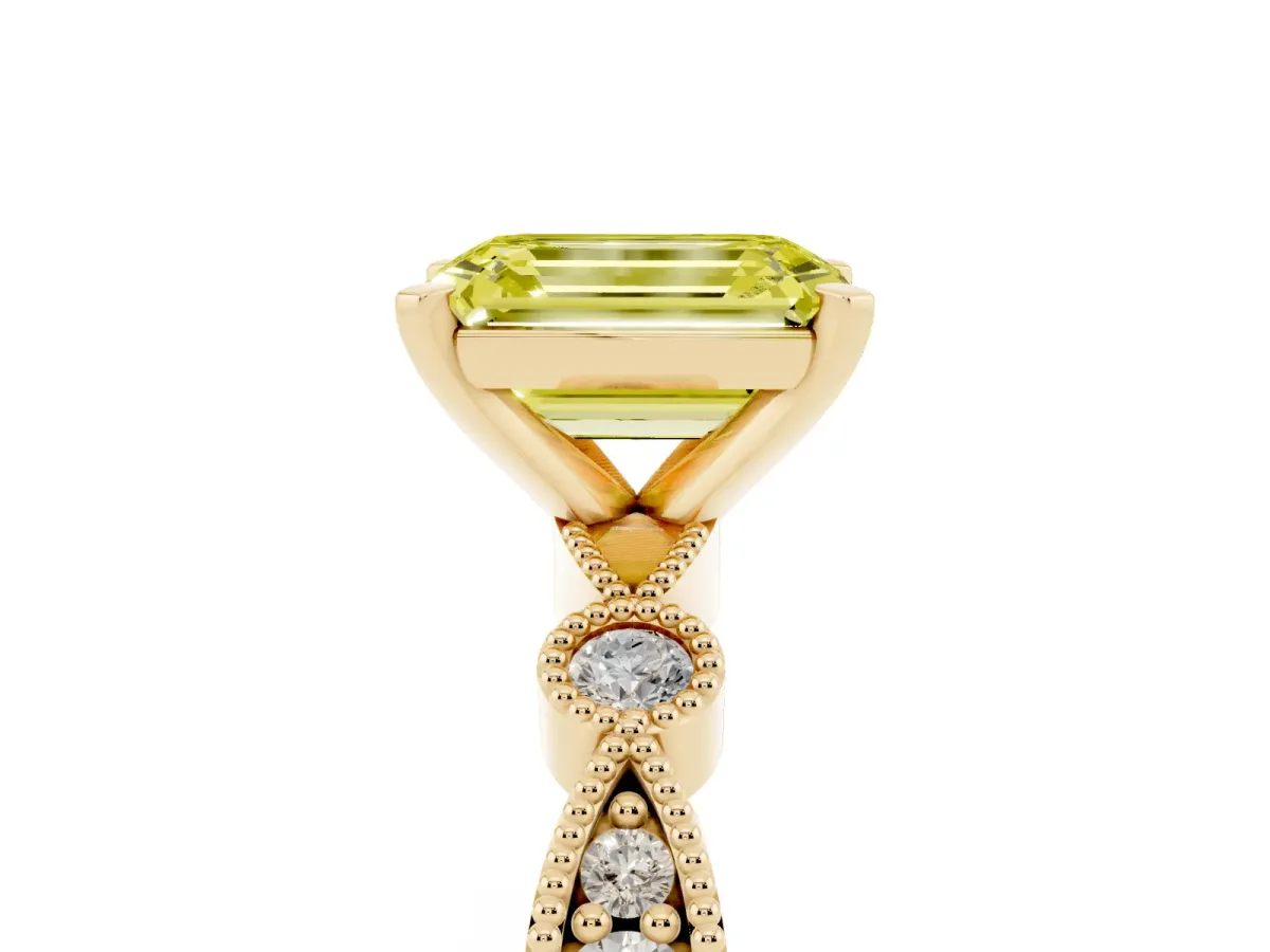 Fancy Yellow Emerald Cut Milgrain Bezel Diamond Engagement Ring with Solitaire Prong Setting Yellow gold