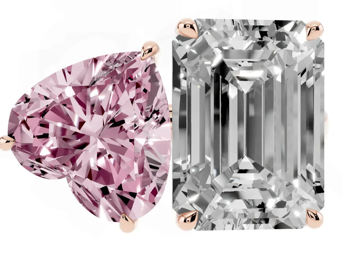 Fancy Pink Heart Cut and Emerald Cut Toi Moi Ring with Prong Setting Rose gold