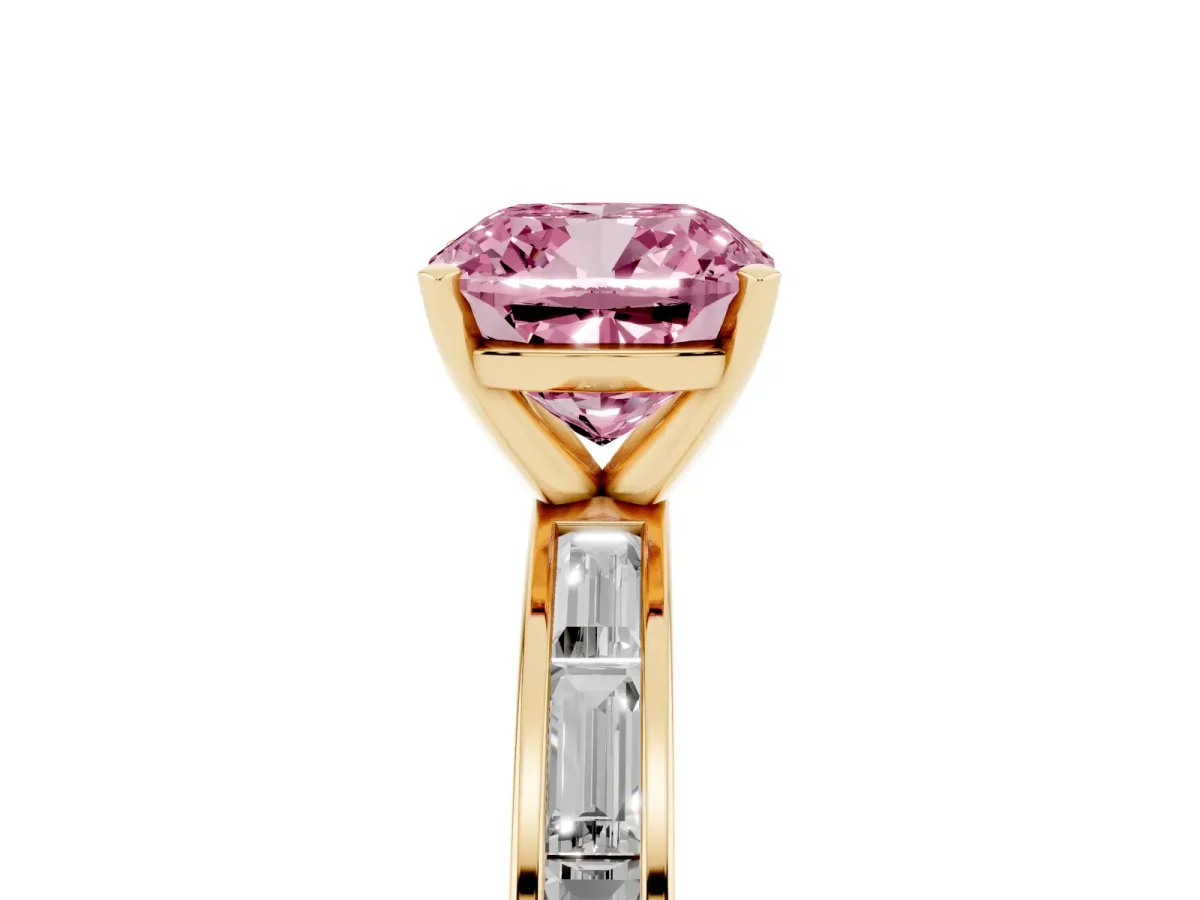 Fancy Pink Cushion Cut Solitaire Diamond Ring with Channel-Set Baguette Band and Four-Prong Setting Yellow gold