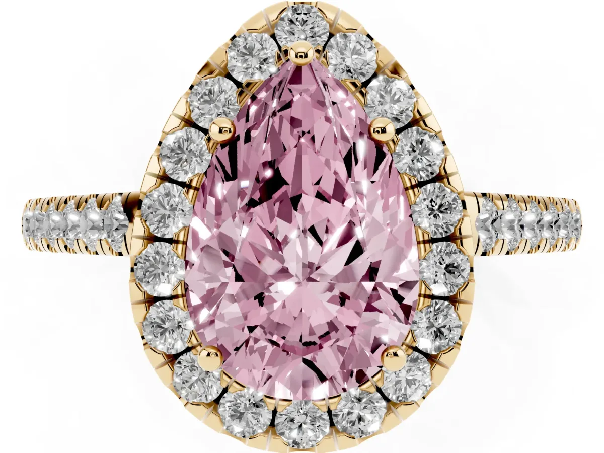 Fancy Pink Pear Cut Halo Pave Diamond Engagement Ring with Four-Prong Setting Yellow gold