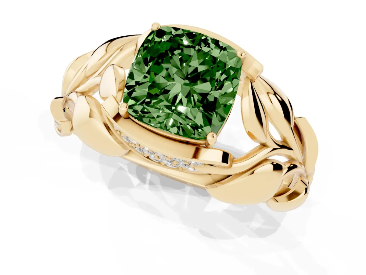 Fancy Green Cushion Cut Diamond Leaf-Inspired Engagement Ring with Round Accents and Prong Setting Yellow gold
