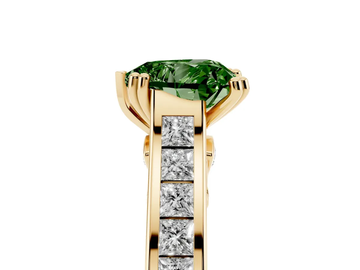 Fancy Green Heart Cut Cut Channel Set Solitaire Engagement Ring with Prong Setting Yellow gold