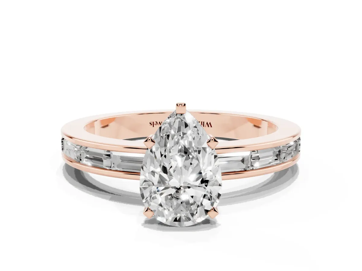 Pear Cut Solitaire Diamond Ring with Channel-Set Baguette Band and Four-Prong Setting Rose gold