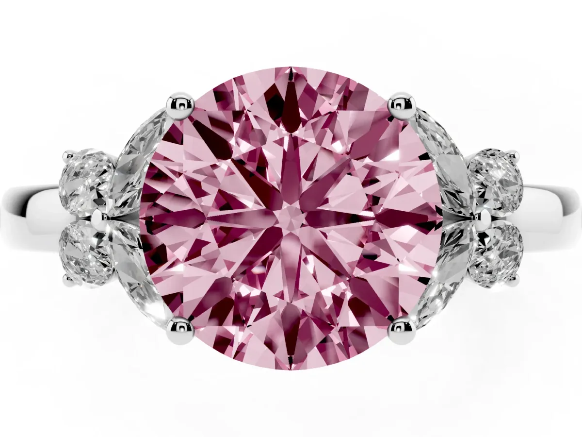 Fancy Pink Round Cut Cut Solitaire Floral Diamond Ring with Four-Prong Setting Platinum