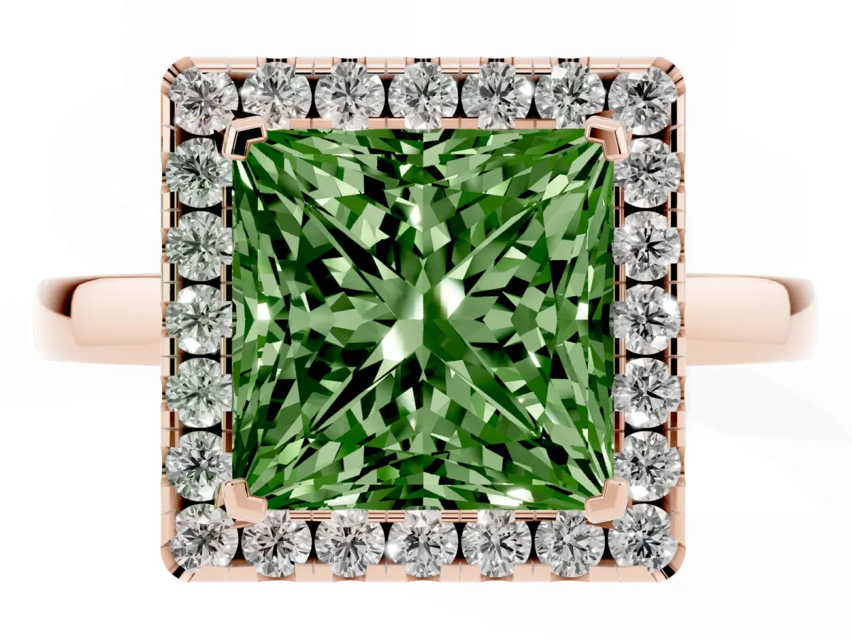 Fancy Green Princess Cut Halo Diamond Solitaire with Pavé Band and Four-Prong Setting Rose gold