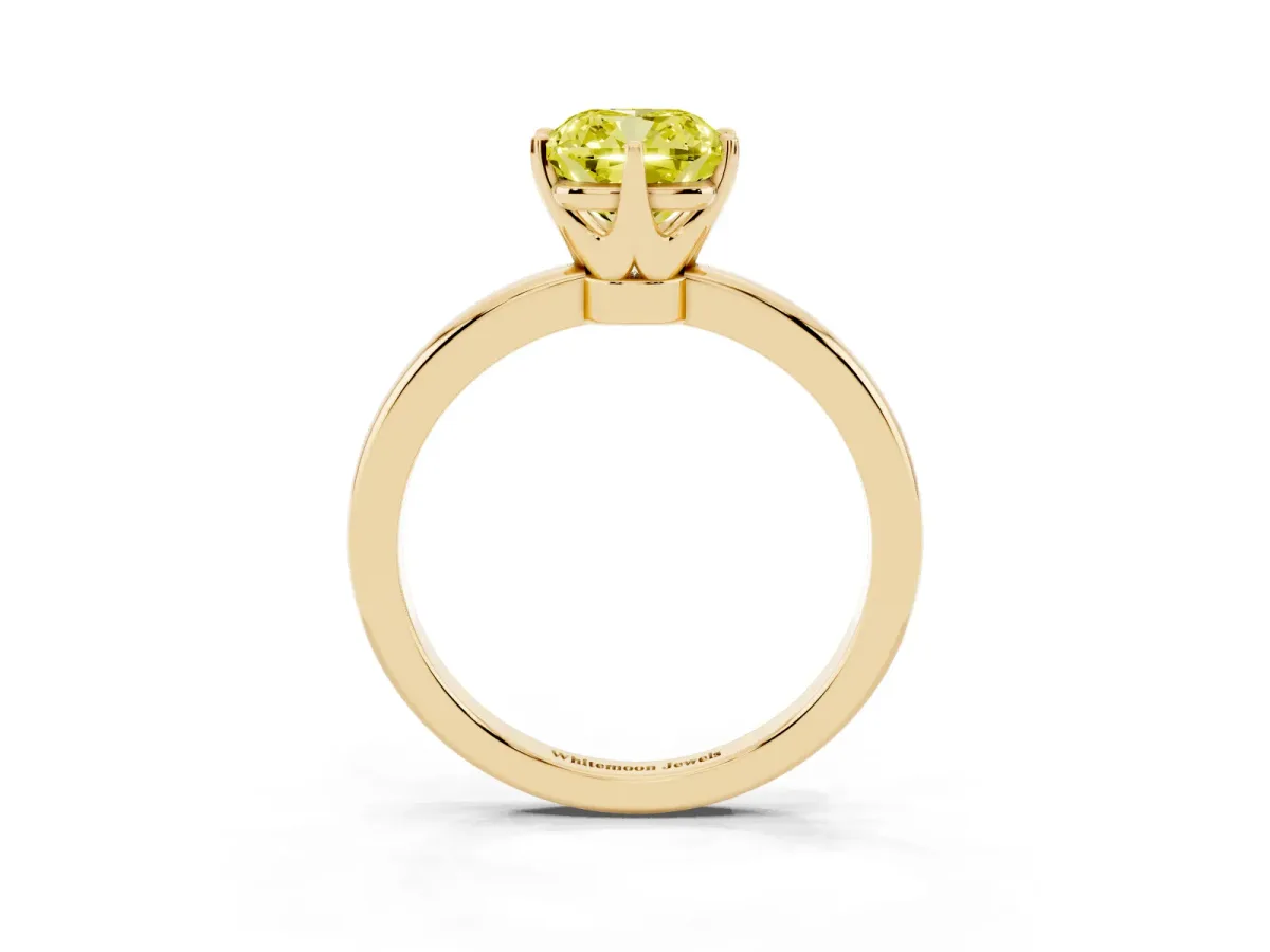 Fancy Yellow Cushion Cut Solitaire Diamond Ring with Six-Prong Setting on a Classic Band Yellow gold