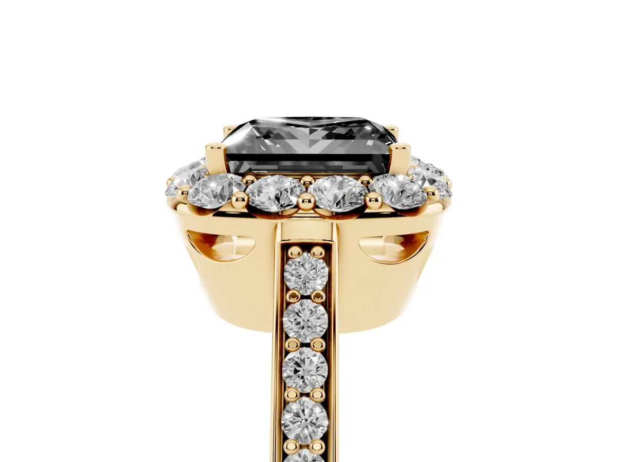 Fancy Black Princess Cut Diamond Floral Halo Ring with Pavé Band and Prong Setting Yellow gold
