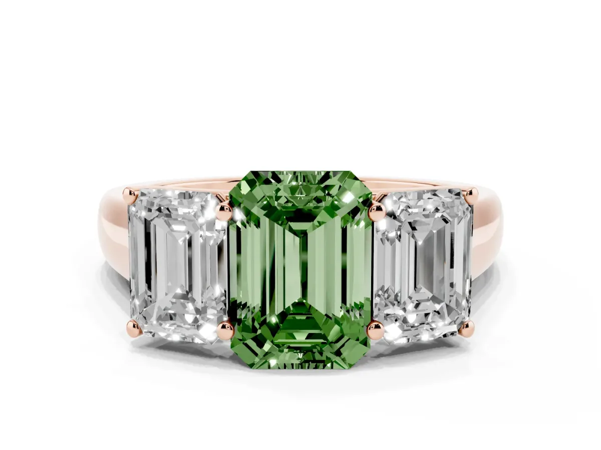 Fancy Green Emerald Cut Three-Stone Diamond Ring with Prong Setting on a Classic Band Rose gold