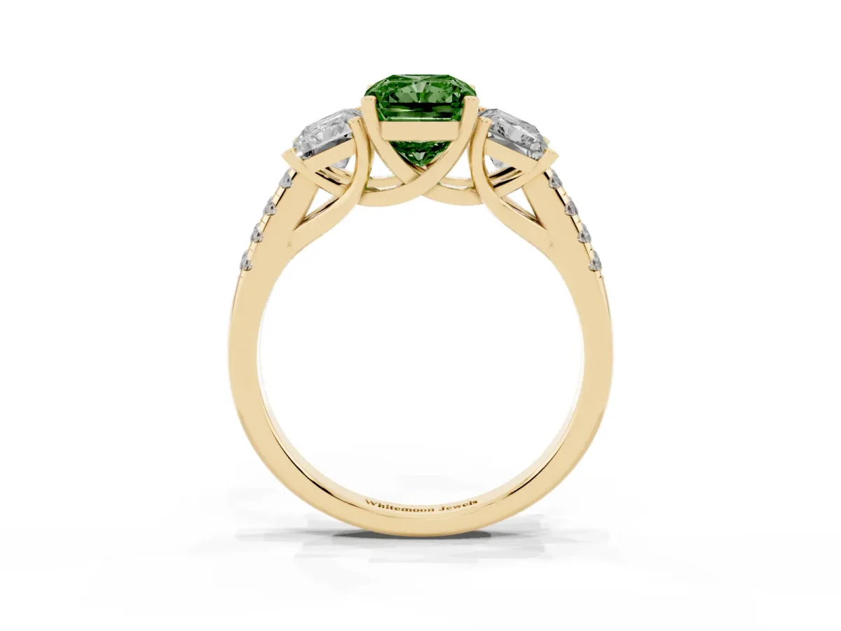 Fancy Green Three-Stone Radiant Cut Diamond Ring with Round Pavé Band and Prong Setting Yellow gold
