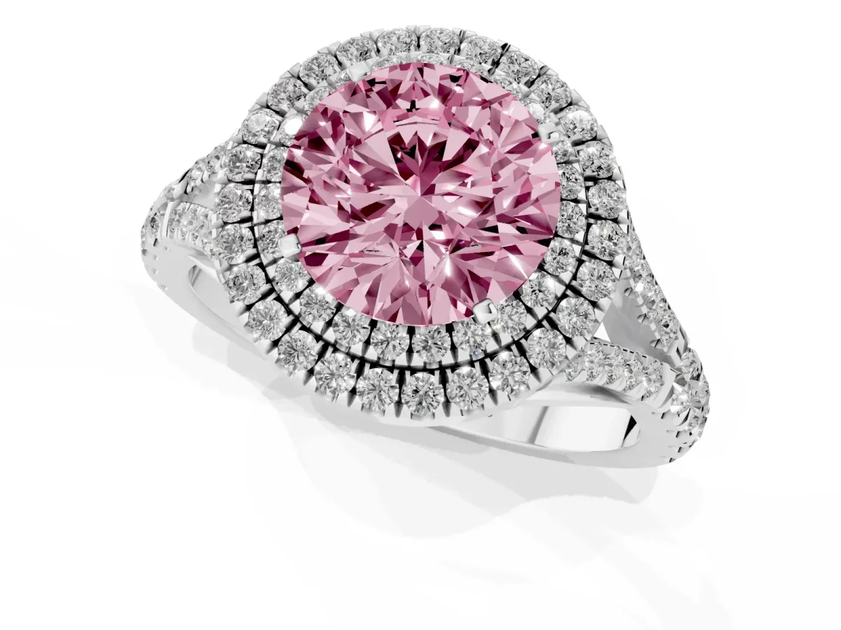 Fancy Pink Round Cut Diamond Pavé Split Shank Double Halo Engagement Ring Silver